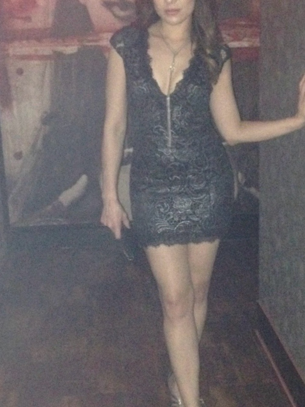 bebe Black and metalized  Lace plunge V-Neck Mini Dress